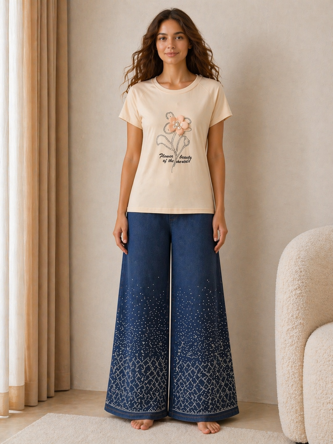 GIRL-2 pc set with jean pant.*diamond decorated*