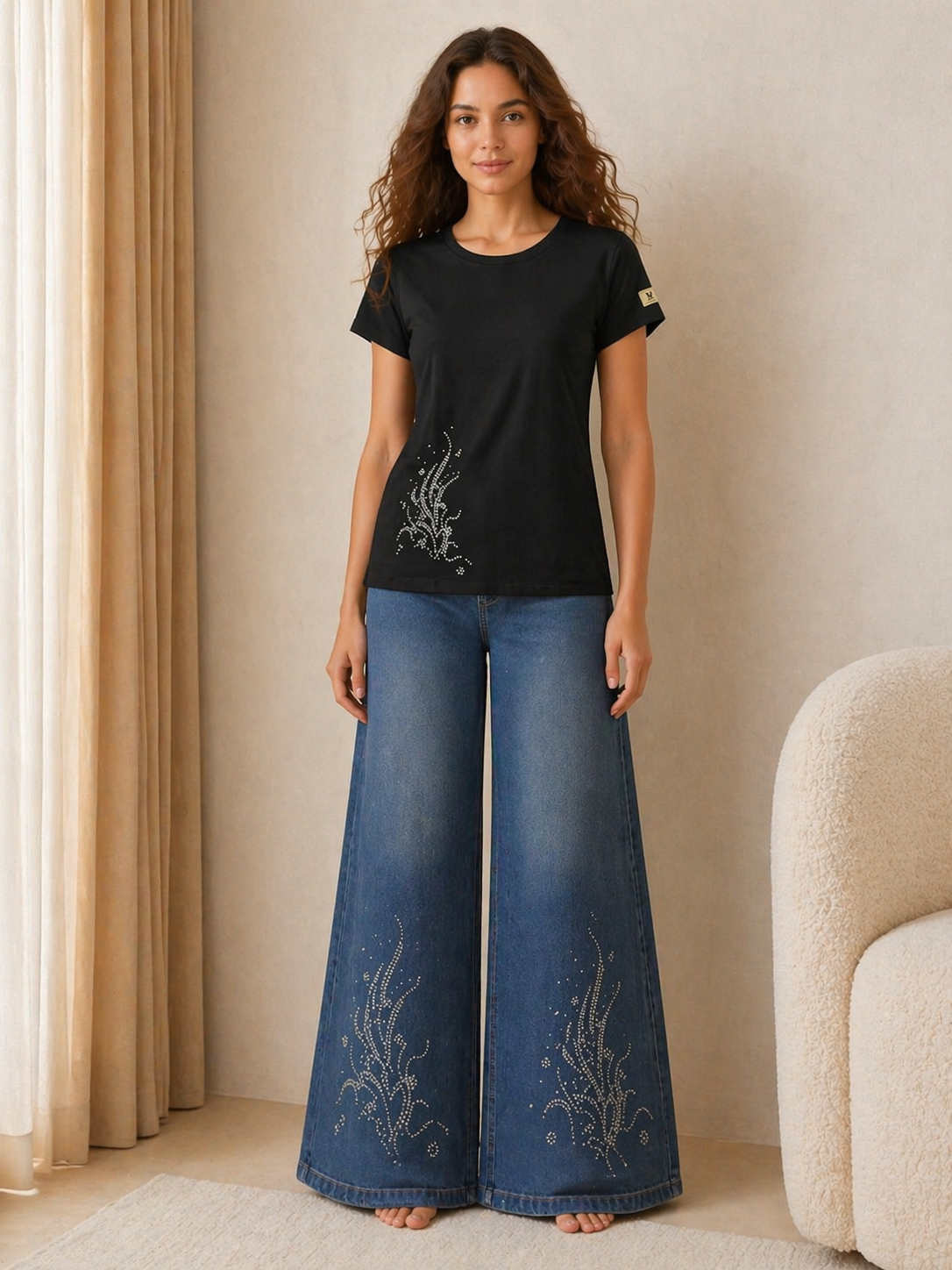 GIRL-2 pc set with jean pant.*diamond decorated*.