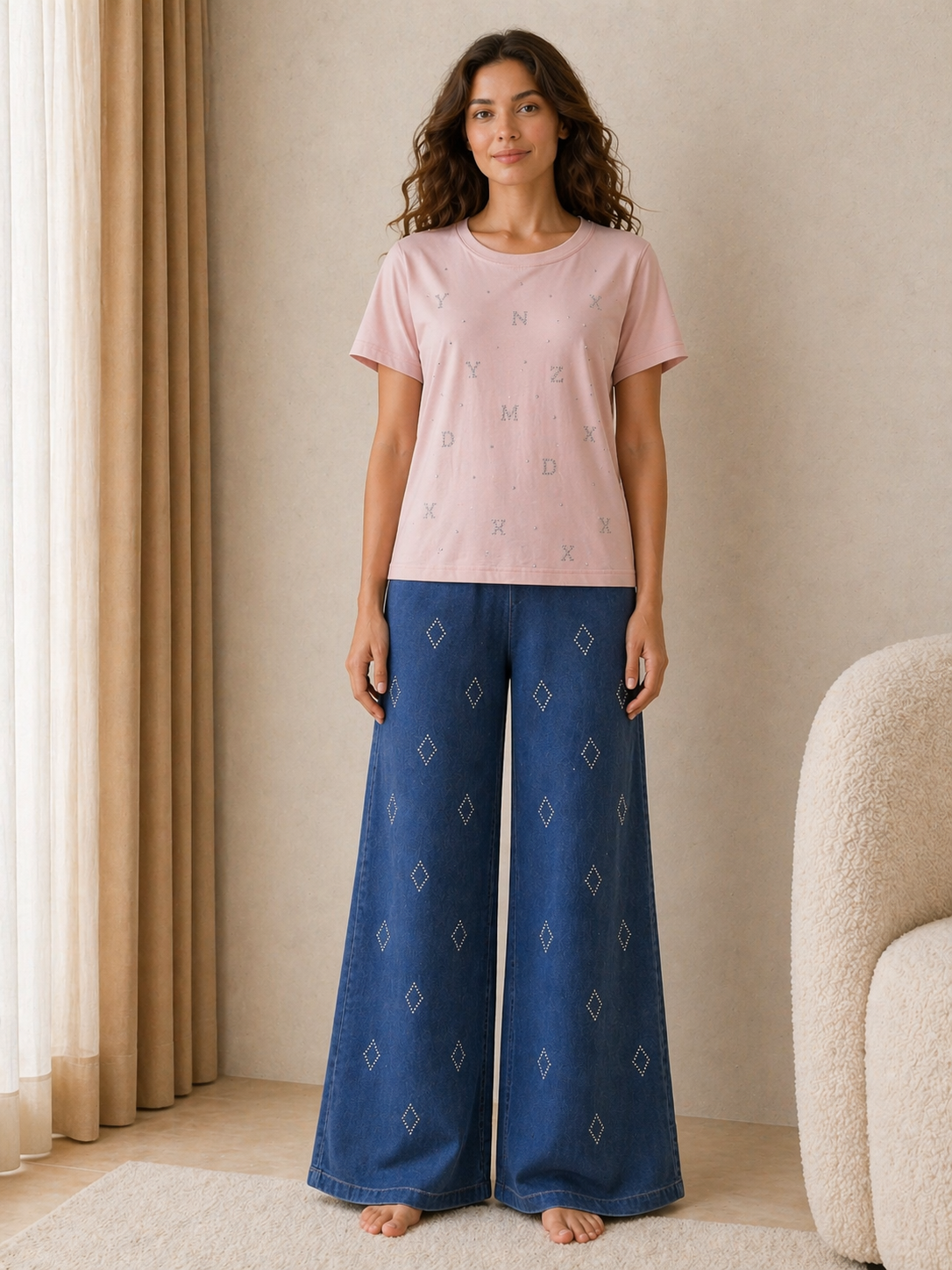 GIRL-2 pc set with jean pant.*diamond decorated*.