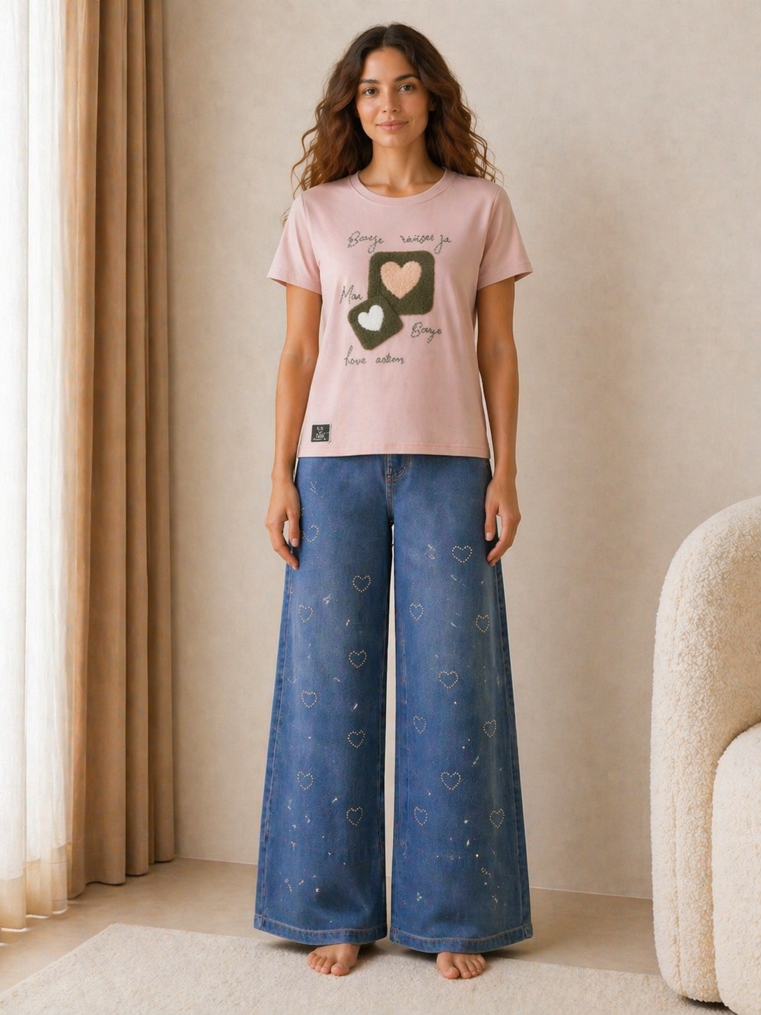 GIRL-2 pc set with jean pant.*diamond decorated*.