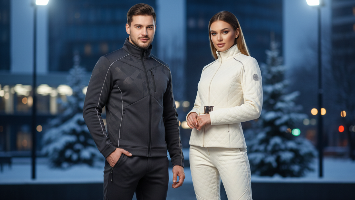 i need banner image mens and women with nigh winter track suits looks very attractive in professional background 